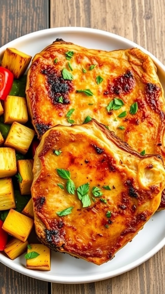 Crispy air fryer pork chops on a plate with roasted vegetables, garnished with herbs.